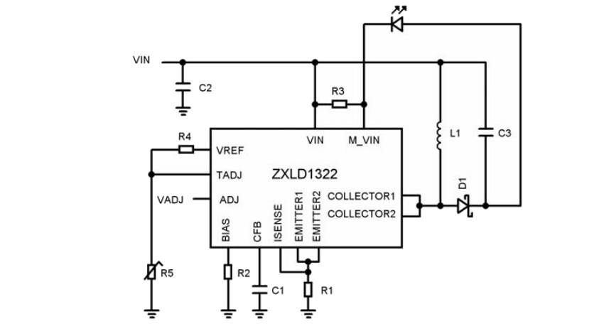 Application Circuit Diagram - Diodes Incorporated ZXLD132X DC-DC Converter Series LED Drivers